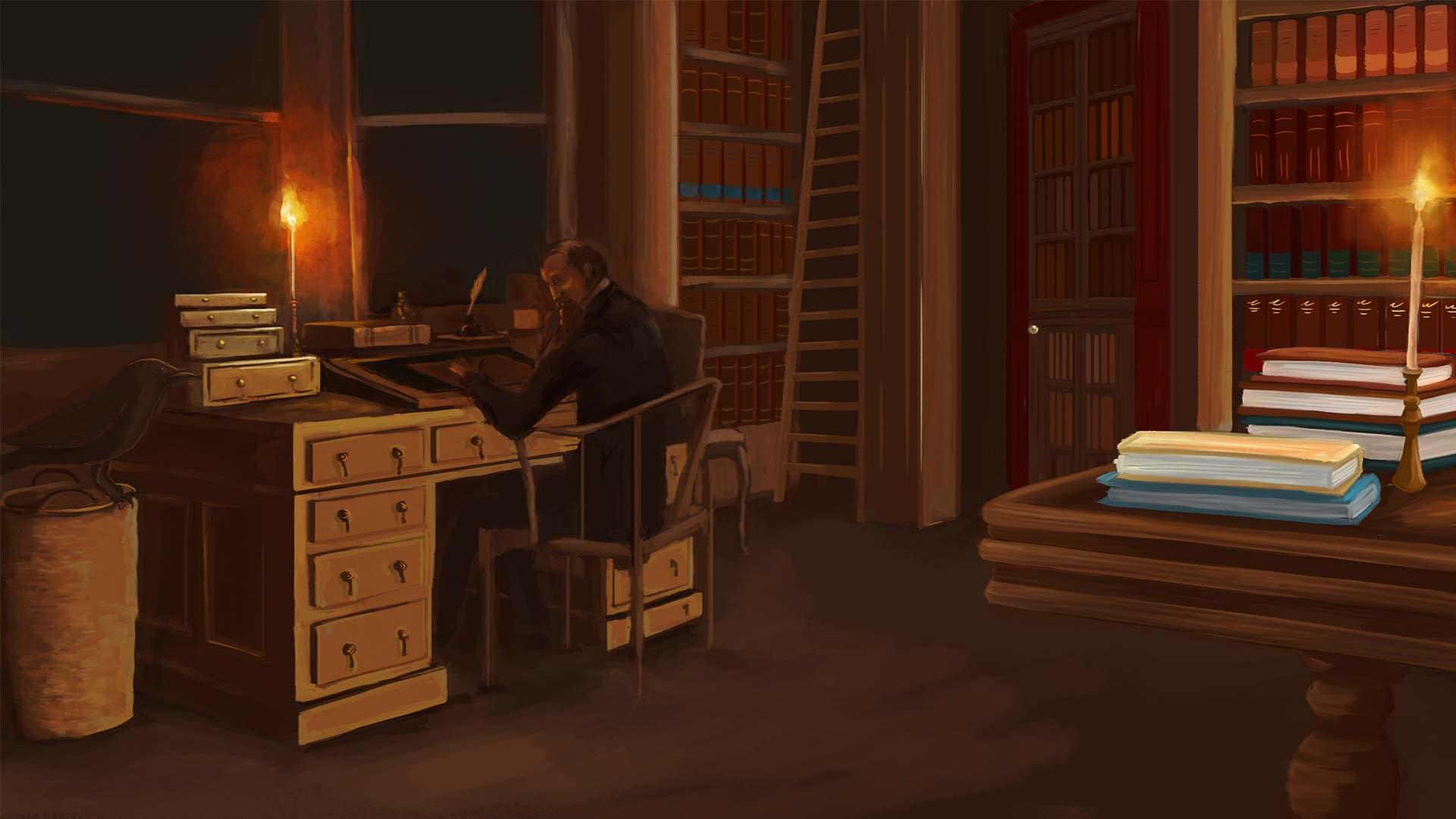 Charles Dickens writing at his desk