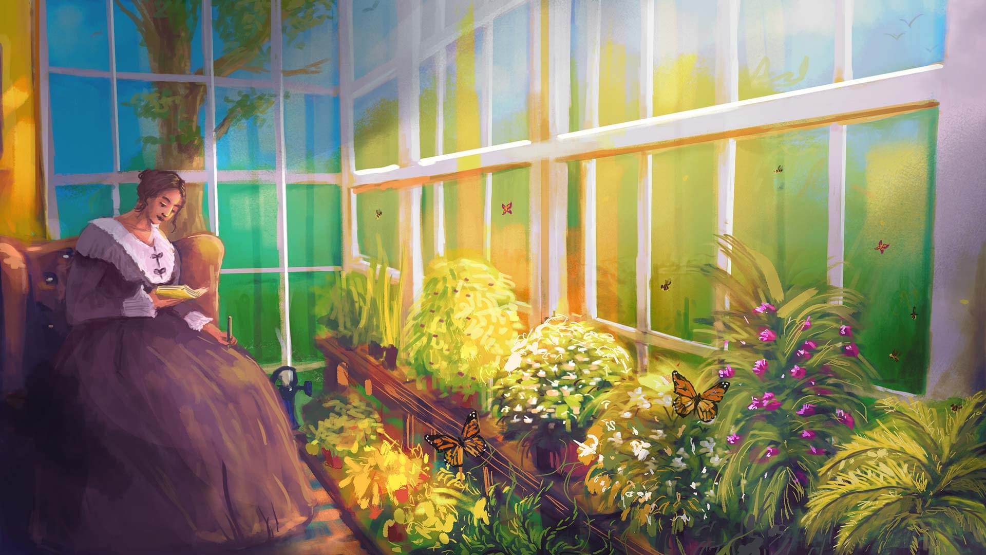 Emily Dickinson writing in her conservatory