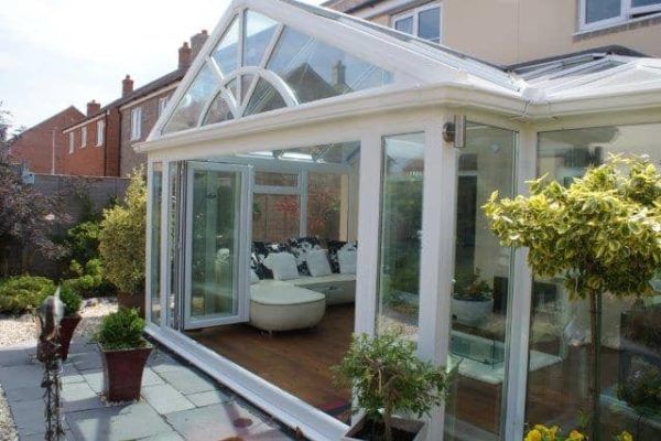 T Shape Conservatory, Full Height Glass, White, Glass Roof