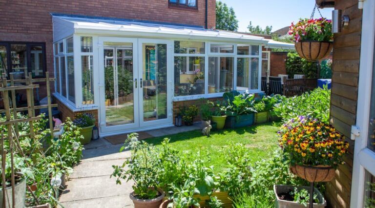 lean-to conservatory with french doors
