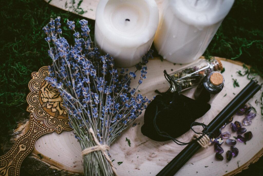 Candles with lavendar outside