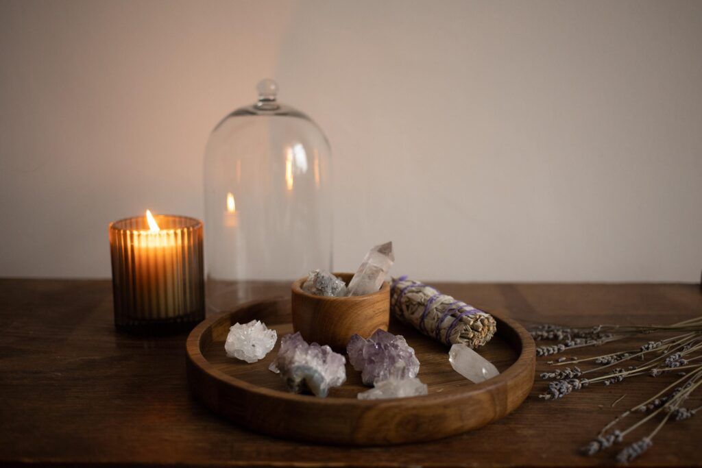 Candles and crystals with lavendar